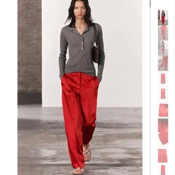 NWT ZARA HEAVYWEIGHT SATIN STRAIGHT CUT PANTS ZW COLLECTION RED - Picture 1 of 10